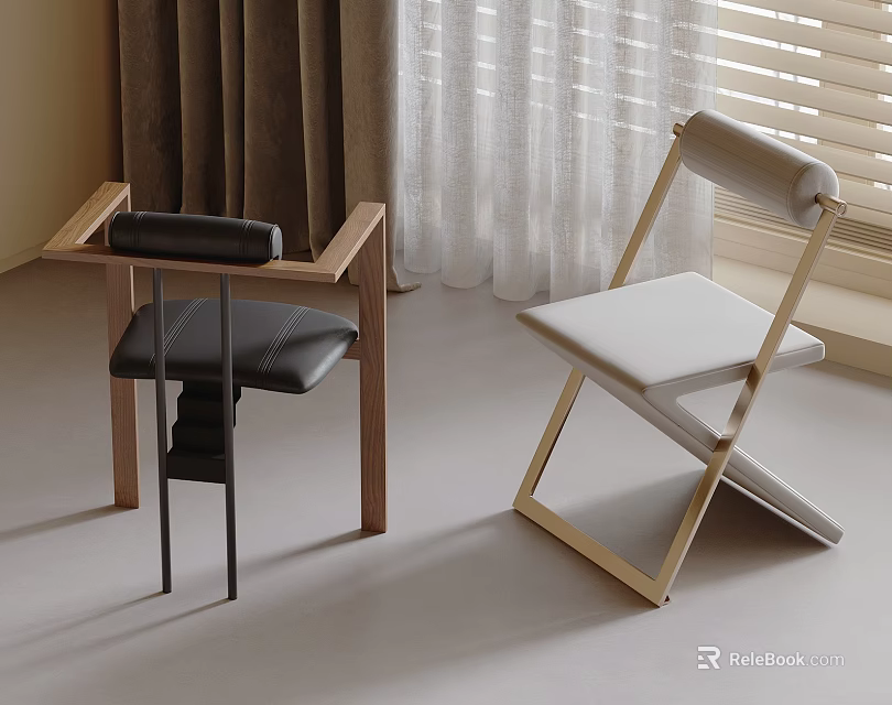 Modern Dining Chairs With Black And White Leather Seats And Wooden Frames 3d model 