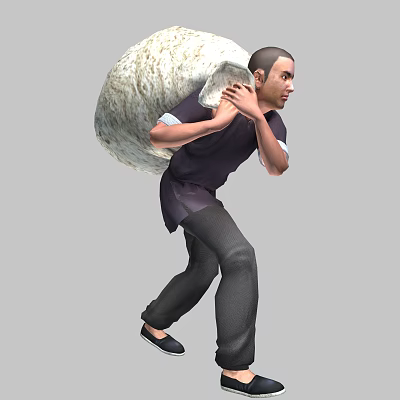 A man straining to carry a large heavy sack on his back 3d model