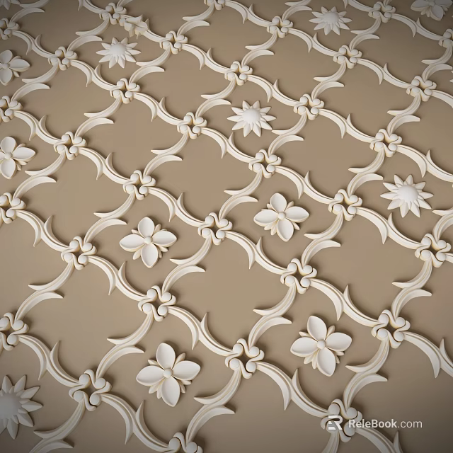 Decorative Wall with Beige Background and White Floral Vine Patterns Featuring Intricate Embossed Designs 3d model