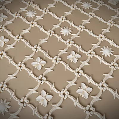 Decorative Wall with Beige Background and White Floral Vine Patterns Featuring Intricate Embossed Designs 3d model