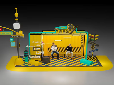 ARY LIFE Reading Scene With Two People Sitting On Yellow Bench And Traffic Signs 3d model