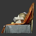 Still Life Composition With Orange Gray Fabrics Clay Pot Geometric Shape And Wooden Board