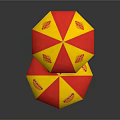 Mobile Food Cart With Red Yellow Umbrellas Bottled Drinks And Food