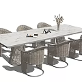 Rectangular Table Chair Set With Marble Top And Wicker Chairs Featuring Dried Flower Vase 3d model