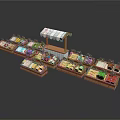 Colorful Daily Necessities Display On Organized Shelves With Wooden Stall Awning