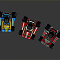 Three Colorful Karts Blue Red and Red White On Gray Background With Clear Reflections