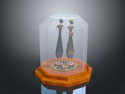 Decorative Female Figures In Glass Display Case With Wooden Base And Long Dresses 3d model