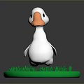 White Cartoon Duck Standing On Green Circular Grass With Orange Beak And Black Eyes