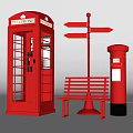 Iconic British Street Furniture Red Telephone Booth Signpost Bench And Postbox