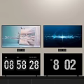 Modern TV Screens Displaying Dynamic Visuals And Digital Clock Time