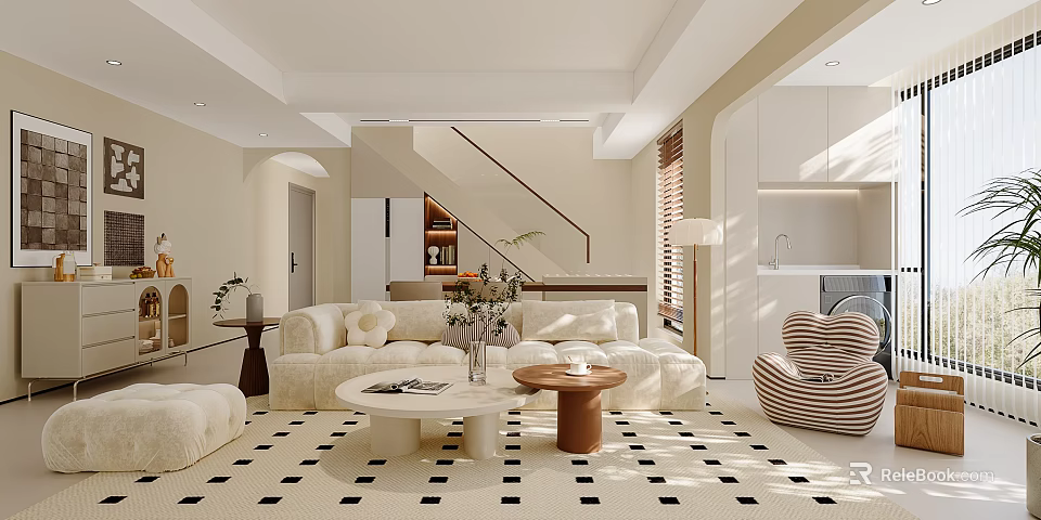 Modern Dining and Living Room Interior With Cozy Sofa Coffee Table and Patterned Rug 3d model