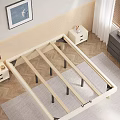 Double Bed With Wooden Slat Design In Modern Bedroom With Books Kettle And Wooden Blinds