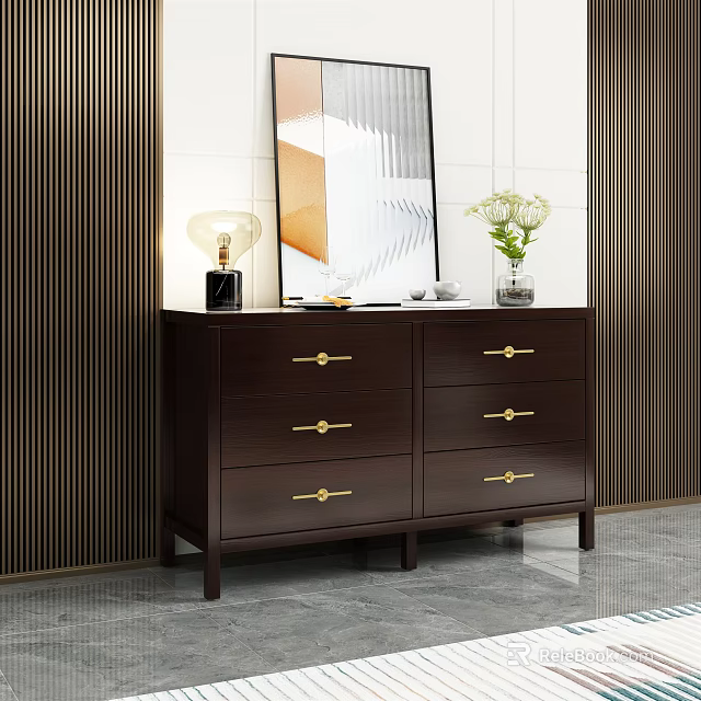 Dark Wood Chest of Drawers with Golden Handles Vase Lamp and Mirror on White Wall 3d model 