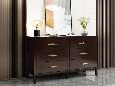Dark Wood Chest of Drawers with Golden Handles Vase Lamp and Mirror on White Wall 3d model
