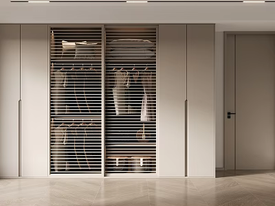 Modern Built-in Wardrobe Design With Louvered Doors And Light Tones Sleek Finish 3d model