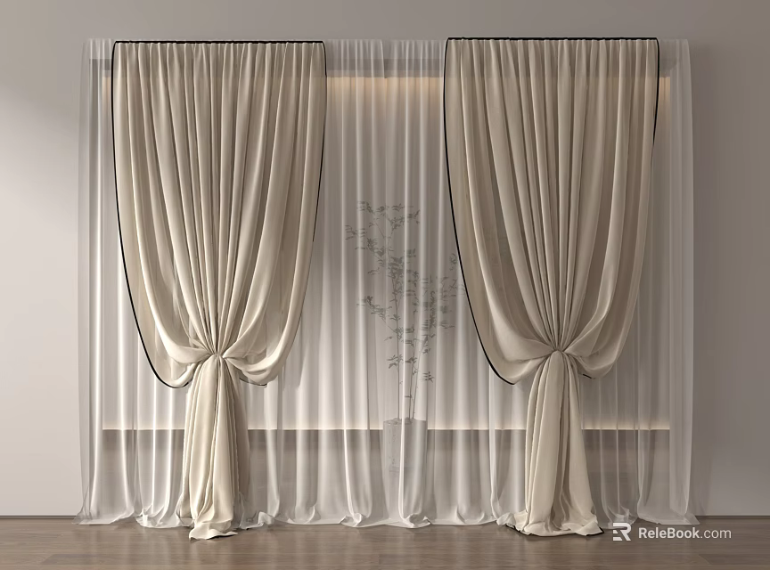 Beige Modern Curtains With Sheer Layer And Black Trim Tiebacks For Window Decoration 3d model 