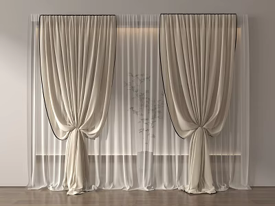 Beige Modern Curtains With Sheer Layer And Black Trim Tiebacks For Window Decoration 3d model