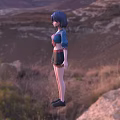 Woman With Blue Hair In Blue Top Red Neckerchief Black Skirt Standing In Mountain Landscape