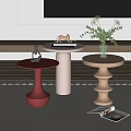 Elegant Modern Red Beige Gold Side Tables With Spiral Base And Decorative Items