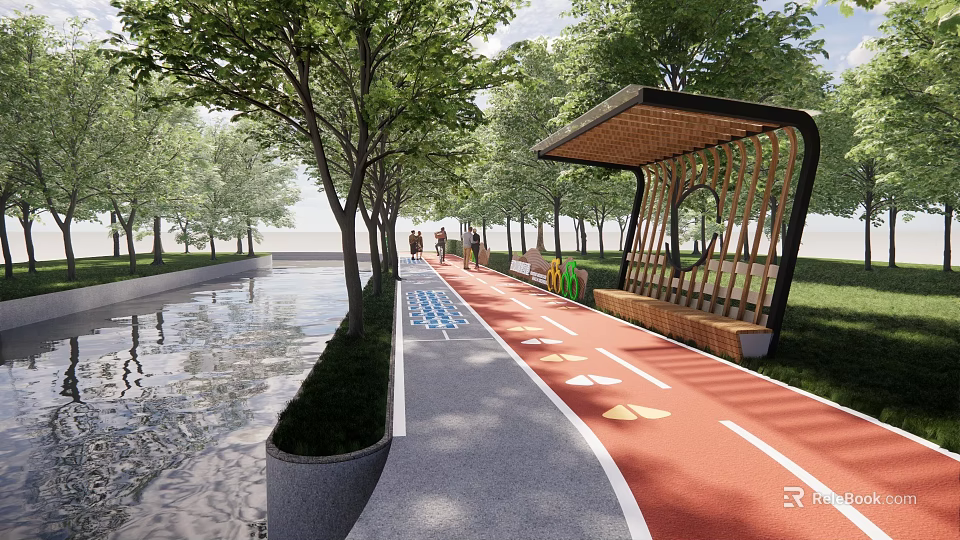 Scenic Garden Landscape With Red Running Track Trees Water Feature And Sheltered Seating 3d model 