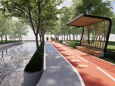 Scenic Garden Landscape With Red Running Track Trees Water Feature And Sheltered Seating 3d model
