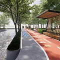 Scenic Garden Landscape With Red Running Track Trees Water Feature And Sheltered Seating