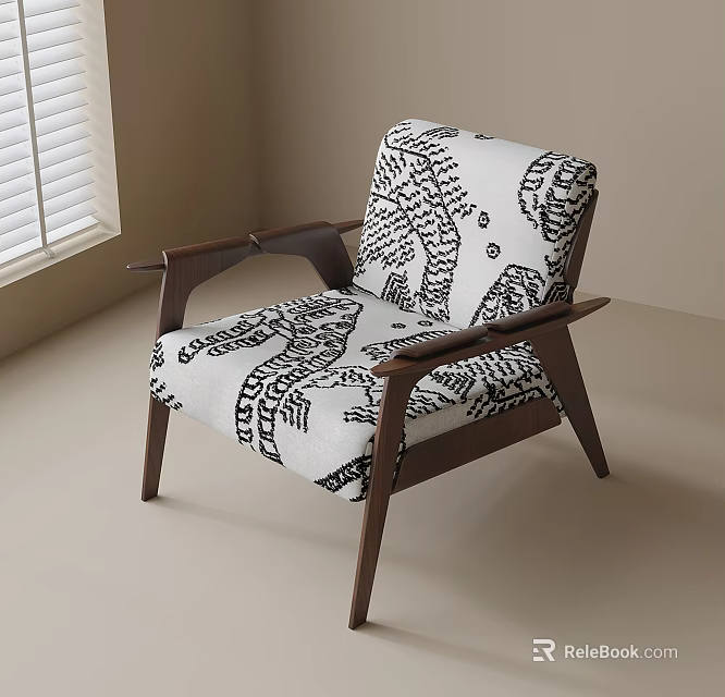 Modern Accent Chair With Black And White Patterned Fabric And Wooden Frame Design 3d model 