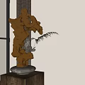 Withered Wood Style Bonsai Plant In Stone Pot On Wooden Base With Slender Branches