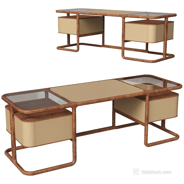 Modern Wooden Desk Design With Glass Top And Beige Storage Compartments 3d model 