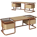 Modern Wooden Desk Design With Glass Top And Beige Storage Compartments