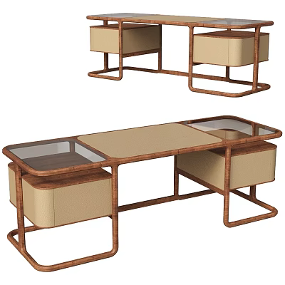 Modern Wooden Desk Design With Glass Top And Beige Storage Compartments 3d model