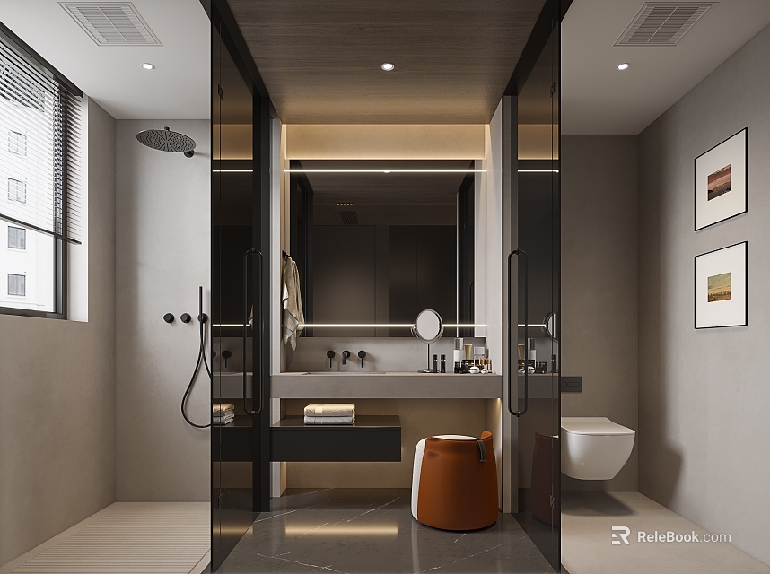 Modern Bathroom Interior Design With Glass Partition Marble Countertop Mirror And Orange Stool 3d model 