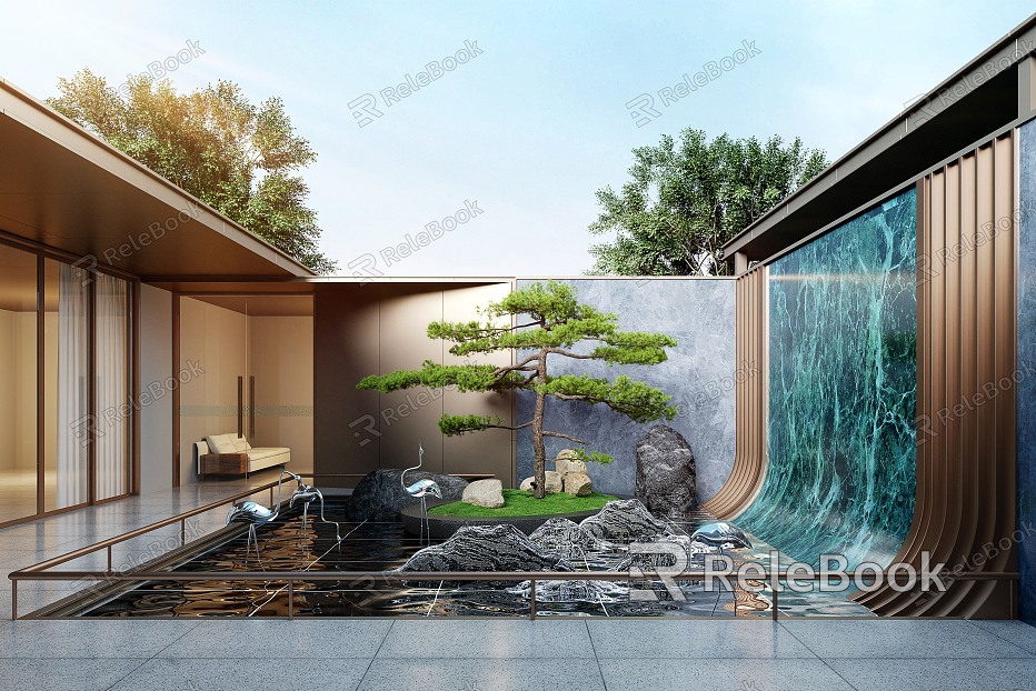 New Chinese Courtyard Landscape Waterscape Wall Pine model