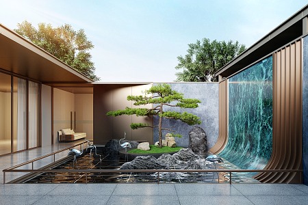 New Chinese Courtyard Landscape Waterscape Wall Pine 3d model