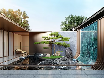 New Chinese Courtyard Landscape Waterscape Wall Pine 3d model