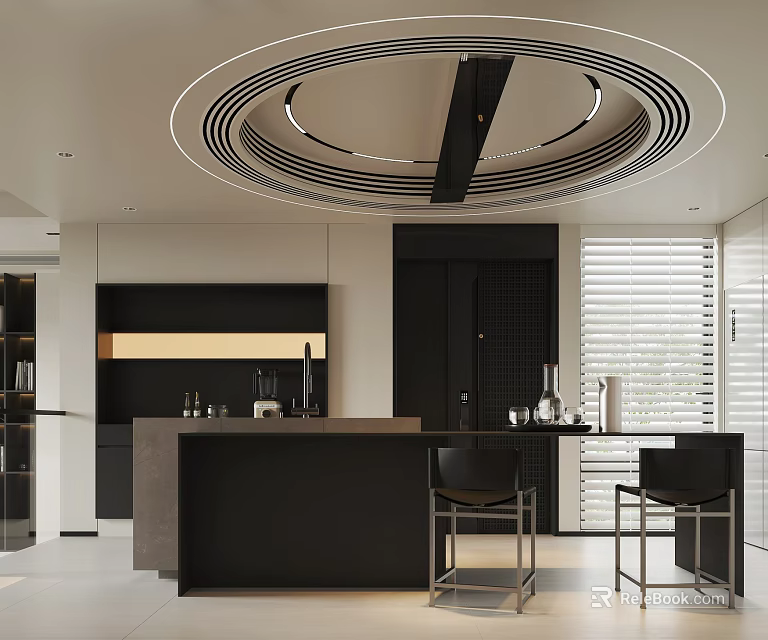 Modern Restaurant Interior Design With Circular Ceiling Bar Counter And Black Chairs 3d model