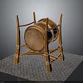 Brown Traditional Drum with Orange Wooden Stand and White Straps on Gray Brick Floor
