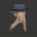 Character With Pink Long Hair Wearing Blue Straw Hat On Gray Background