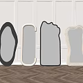 Various Shaped Decorative Mirrors Reflecting Living Room Interior With Wooden Floor And Paneled Walls