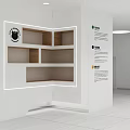 Organic Exhibition Area With White Display Wall Wooden Shelves Colorful Icons And Information Texts