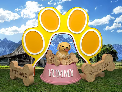 Dog Themed Photo Check-in Spot With Yellow Paw Frame Puppy Doll And Bone Signs 3d model