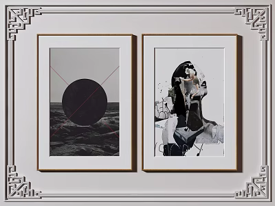 Modern Black And White Abstract Wall Art With Circle Ocean Waves And Figure Design 3d model