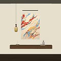 Abstract Painting with Vibrant Red Orange Yellow Blue Colors on White Wall With Wooden Shelf
