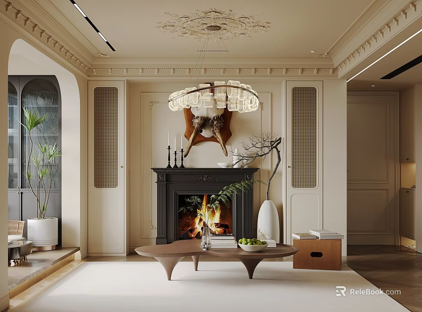 Elegant Modern Living Room Fireplace Design With Marble Surround And Chandelier Lighting 3d model 