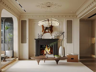 Elegant Modern Living Room Fireplace Design With Marble Surround And Chandelier Lighting 3d model