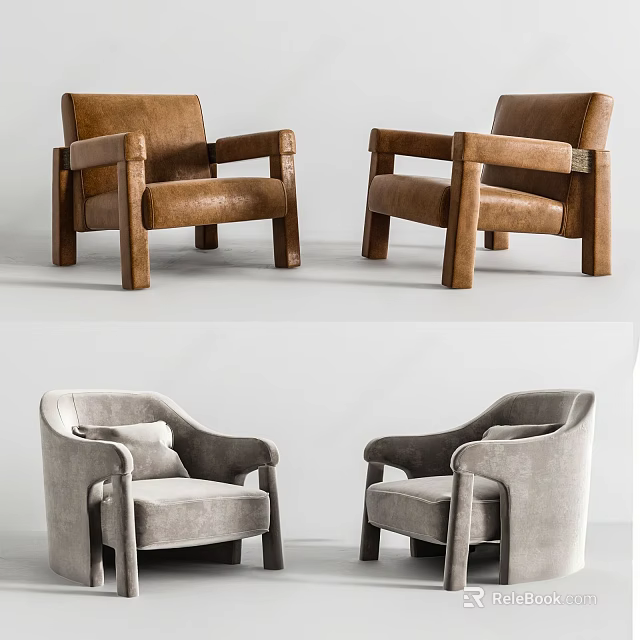 Modern Brown Leather and Gray Fabric Armchairs For Stylish Comfortable Living Room Interior 3d model 