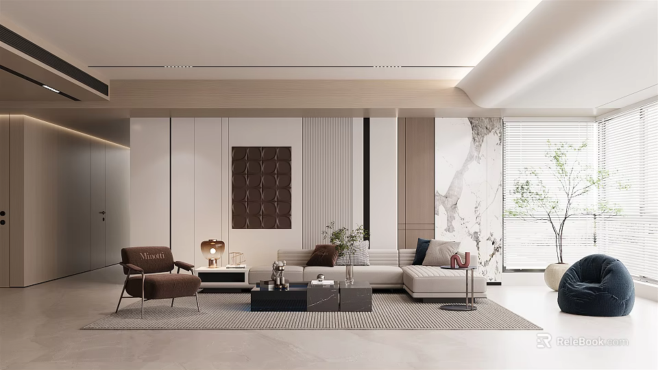 Modern Living Room Interior Design With Sofa Armchair Coffee Table And Decorative Art 3d model 