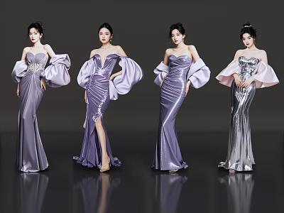 Four Elegant Women Wearing Purple And Silver Strapless Dresses With Puffy Sleeves 3d model