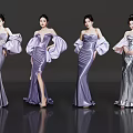 Four Elegant Women Wearing Purple And Silver Strapless Dresses With Puffy Sleeves