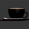 Coffee Latte Art in Black Cup on Saucer with Scattered Coffee Beans and Silver Spoon